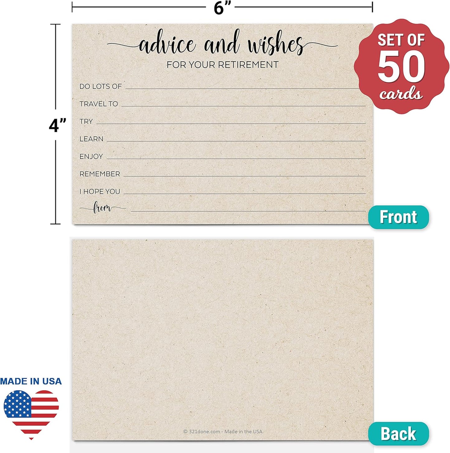 321Done 4x6 Retirement Party Advice and Well Wishes Cards, Tan - Made in USA, Happy Retiree, Fun Celebration Idea, Game, Activity, Memories - Ad Lib Prompts - Pack of 50
