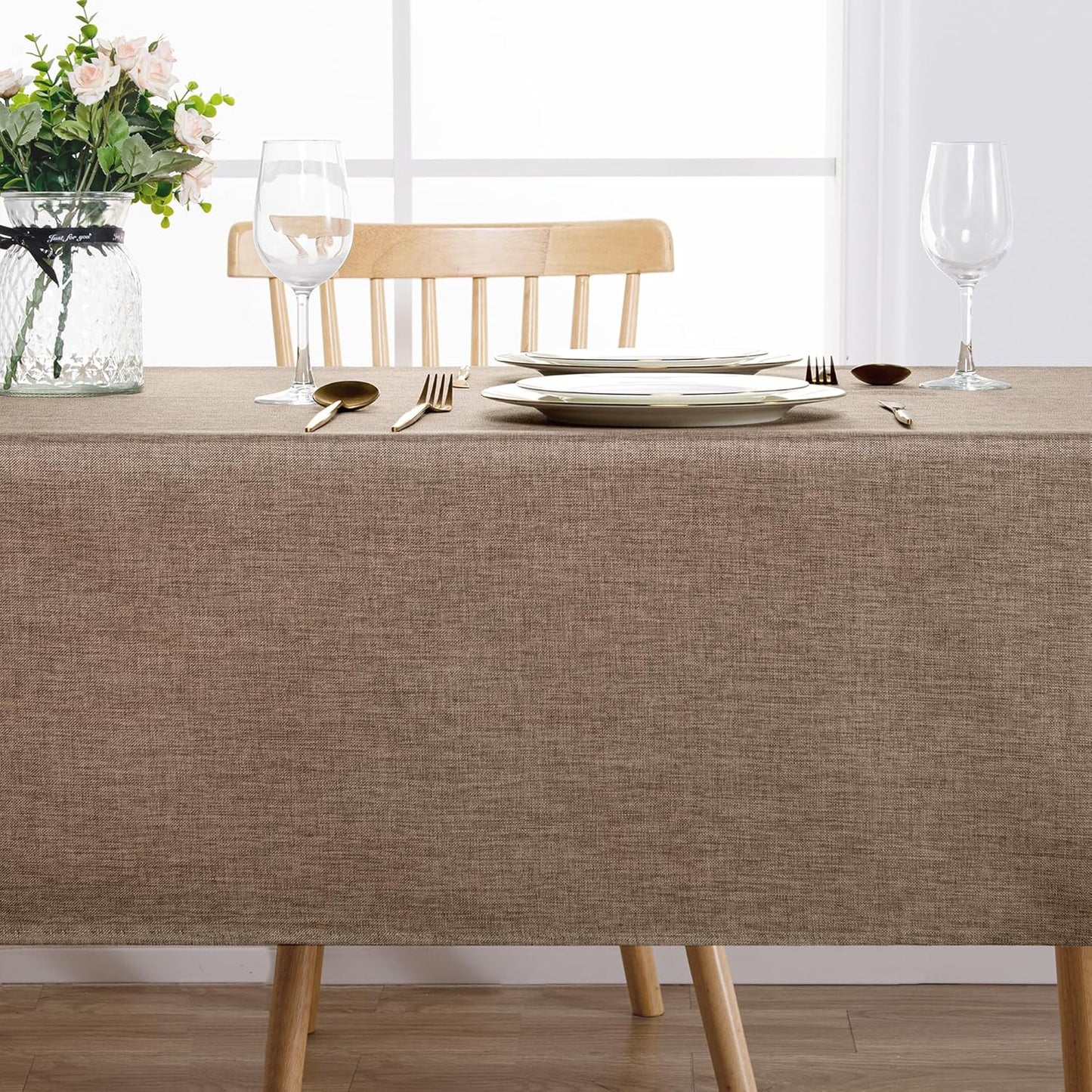 Hiasan 2 Pack Faux Linen Rectangle Tablecloth - Wrinkle and Stain Resistant Washable Table Cloth for Kitchen Dining Room Holiday Table Cover for Party Dinner, Khaki, 52 x 70 Inch