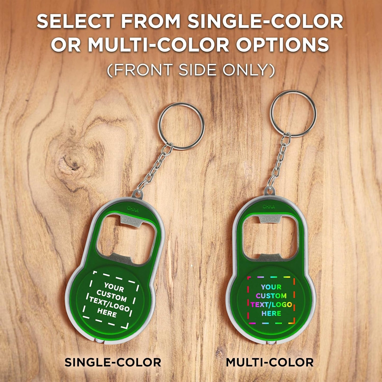 DISCOUNT PROMOS Custom Bottle Opener & LED Keychains Set of 100, Personalized Bulk Pack - Perfect for Tradeshows, Party Favors, Other Events - Green