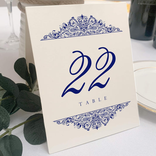 Paisley Wedding Table Numbers (Select Color/Quantity), Champagne, Navy, 1-70, Double Sided, Tent or Use in a Stand, Great for Parties & Restaurants - Made in the USA