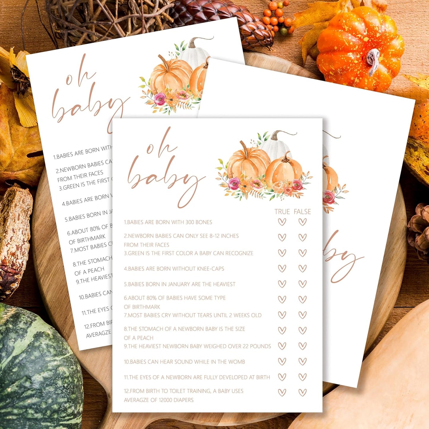 Baby Shower Games, Thanksgiving Oh Baby True or False Game Cards + 1 Answer Card, 25 Sets Baby Gender Reveal Party Decorations Supplies - E04