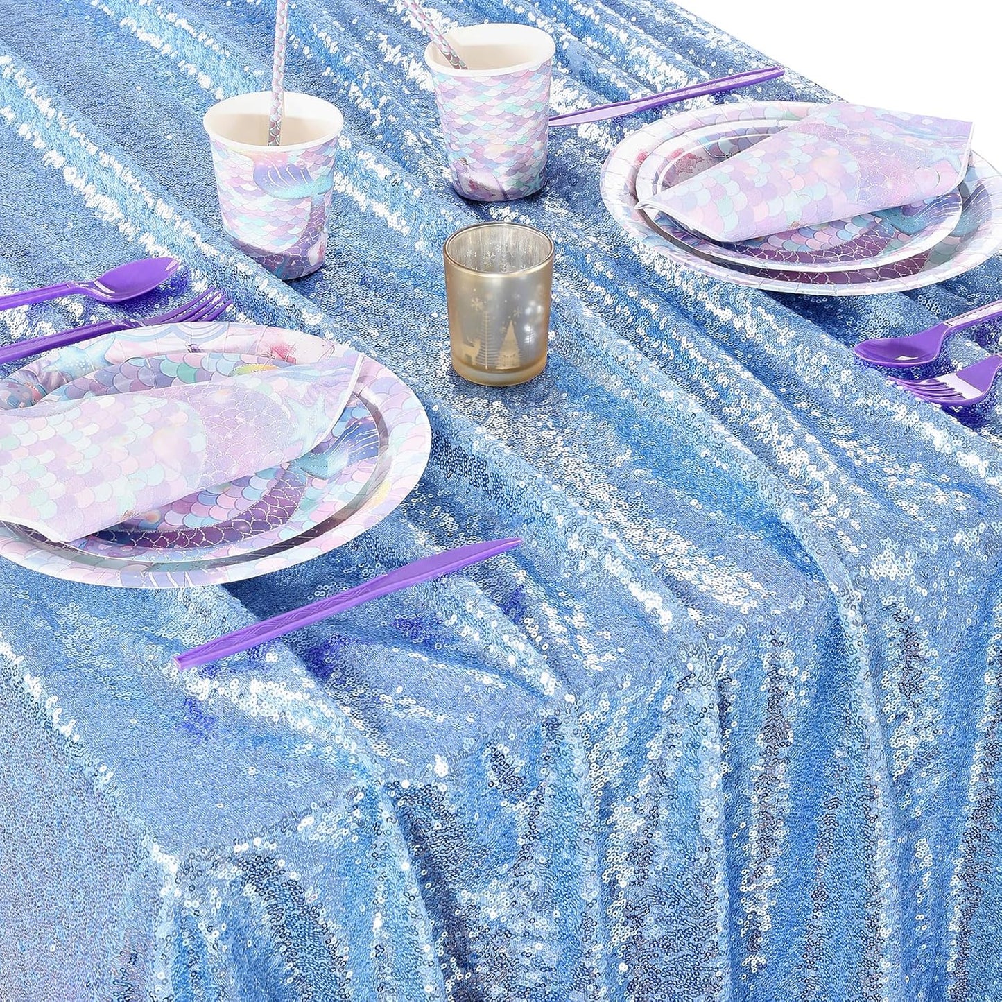 QueenDream Baby Blue Party Tablecloth Decoration: Rectangle Shimmer Mermaid Tablecloth 90x90 Inch Sequin Cloth Frozen Birthday Decorations