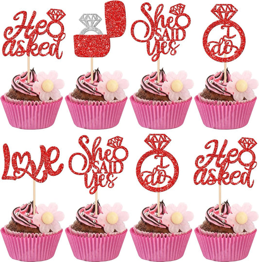 30 PCS He Asked She Said Yes Cupcake Toppers Diamond Ring Cupcake Picks Love I Do Bridal Shower Cupcake Decorations for Wedding Enaggement Theme Party Cake Decorations Supplies Red
