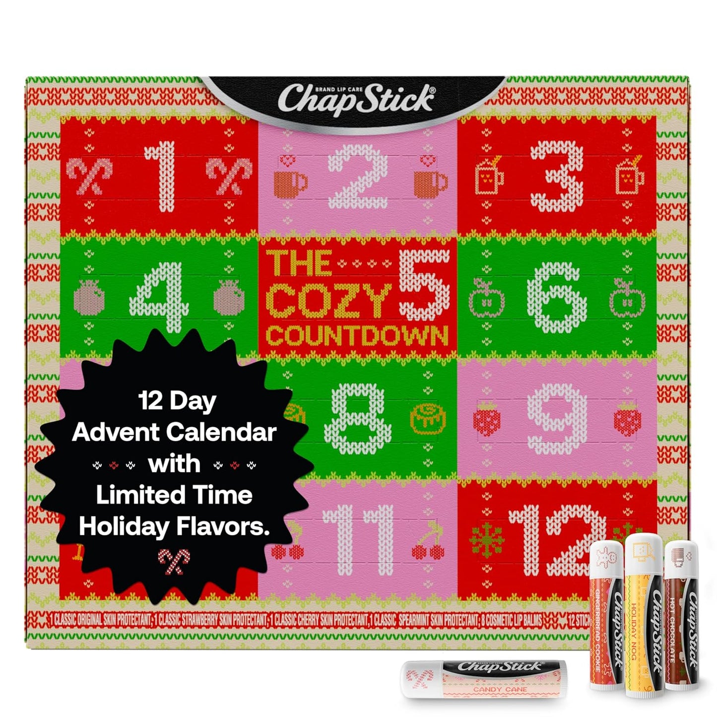 ChapStick 12 Days Advent Calendar Lip Balm Holiday Gift Set, Moisturizing Daily Lip Care For Dry, Chapped Lips, Soothing Hydration, Limited Edition Cozy Flavors, 12 Pack Variety, 0.15 OZ EA