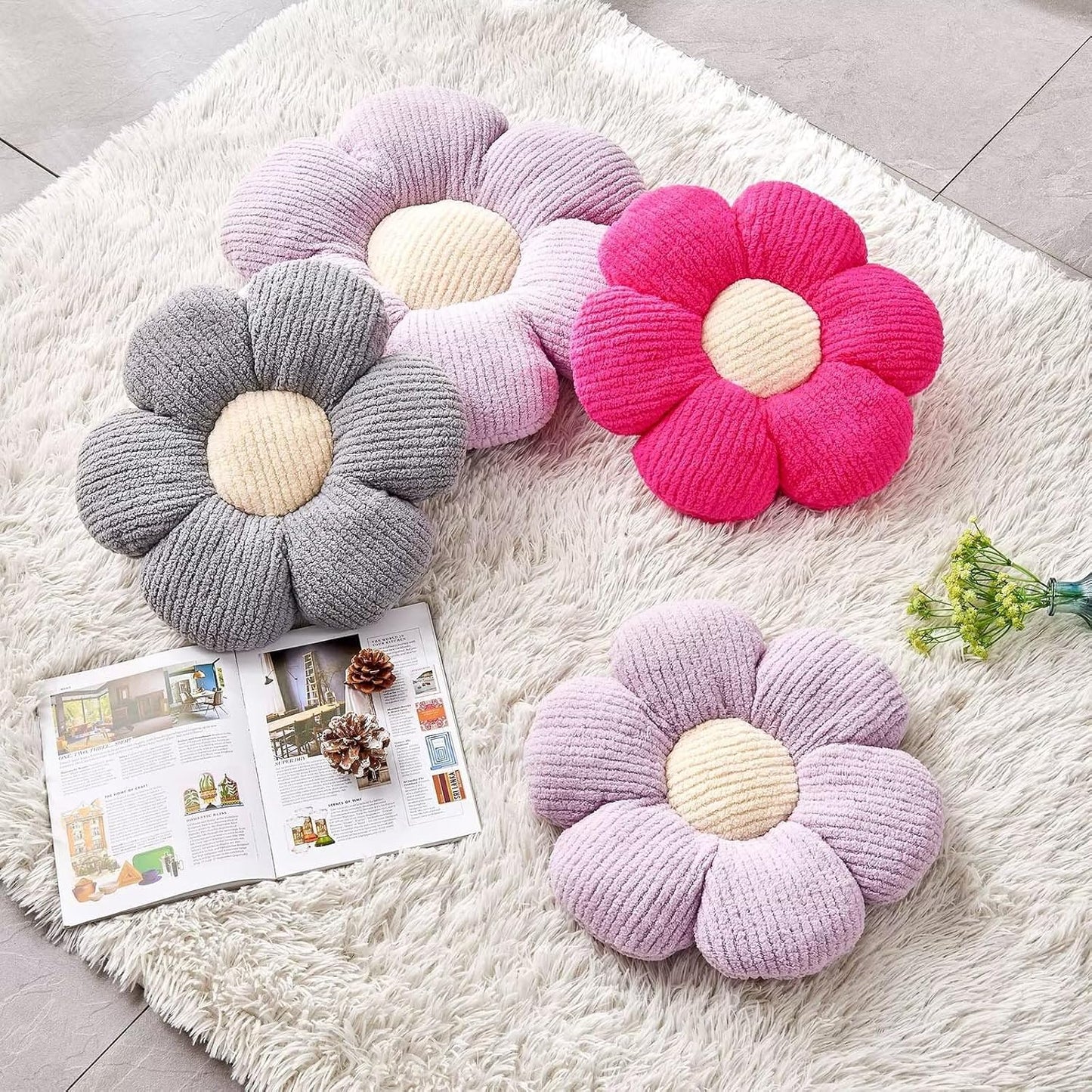 Flower Throw Pillow, Soft Grey 19.6" Shaped Floor Pillow for Home Decor, Cute Aesthetic Plush Decorative Pillows for Bed, Sofa, Couch