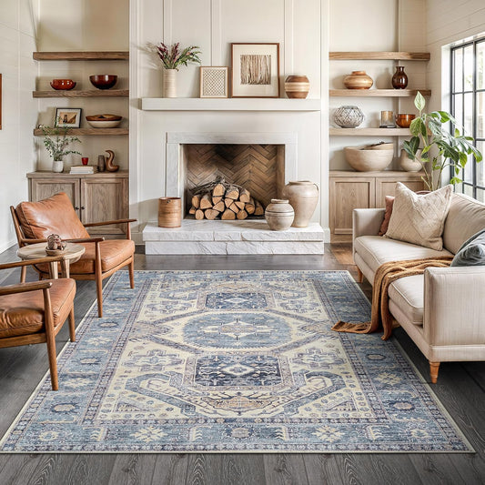Bloom Rugs Washable Non-Slip 6' x 9' Rug - Blue/Beige Traditional Oriental Area Rug for Living Room, Bedroom, Dining Room, and Kitchen - Exact Size: 6' x 9'
