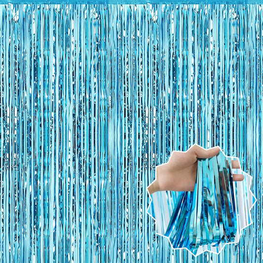 3 Pack Light Blue Foil Fringe Curtains Backdrop, 3.28 x 9.8 Ft Metallic Streamers Tinsel Curtains Background for Photo Booth, Birthday, Halloween, Christmas, Thanksgiving, New Year Party Decorations