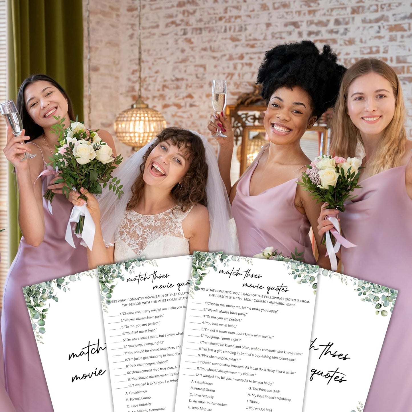 Eucalyptus Bridal Shower Game Cards - Match These Movie Quotes, Wedding Engagement Bachelorette Party Games for 30 Guests, 30 Double Sided Cards with 1 Answer Card, Activity Supplies & Favor/A10