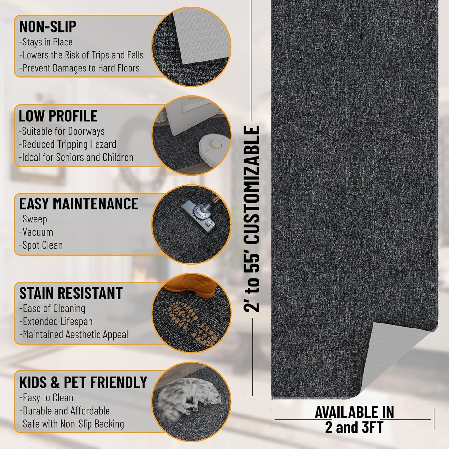 Ottomanson 2'7" x 30' Ultra-Thin Hallway Runner Rug - Durable Non-Slip Carpet for High-Traffic Areas - Fits Under Doors for Seamless Entry - Ideal for Kitchen, Entryway, Bedroom & Living Room, Black