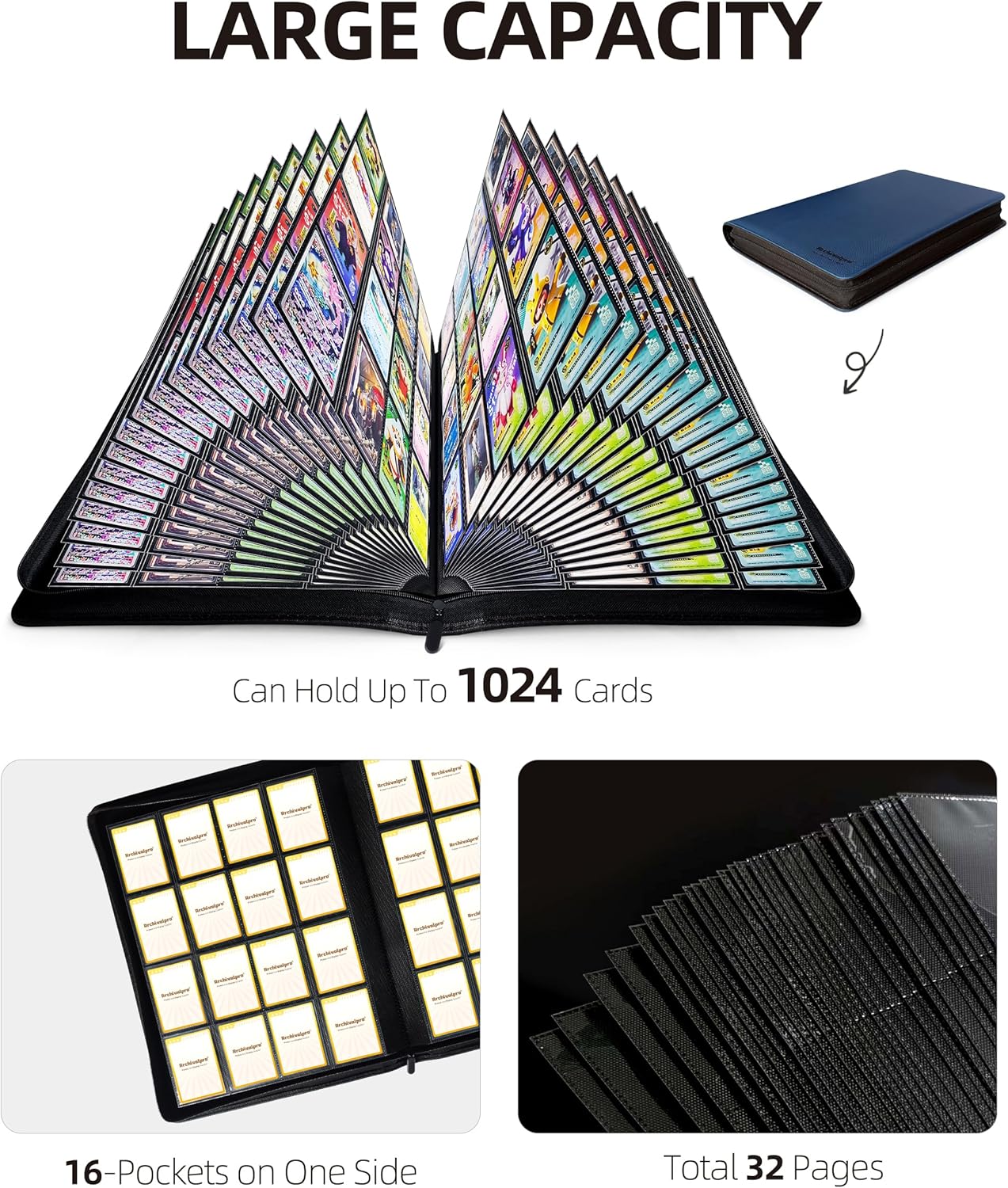 16 Pockets Premium Card Binder 1024 Cards Trading Card Binders Side Load Card Storage Display Album(16 Pocket 1024 Card Slot,Blue)