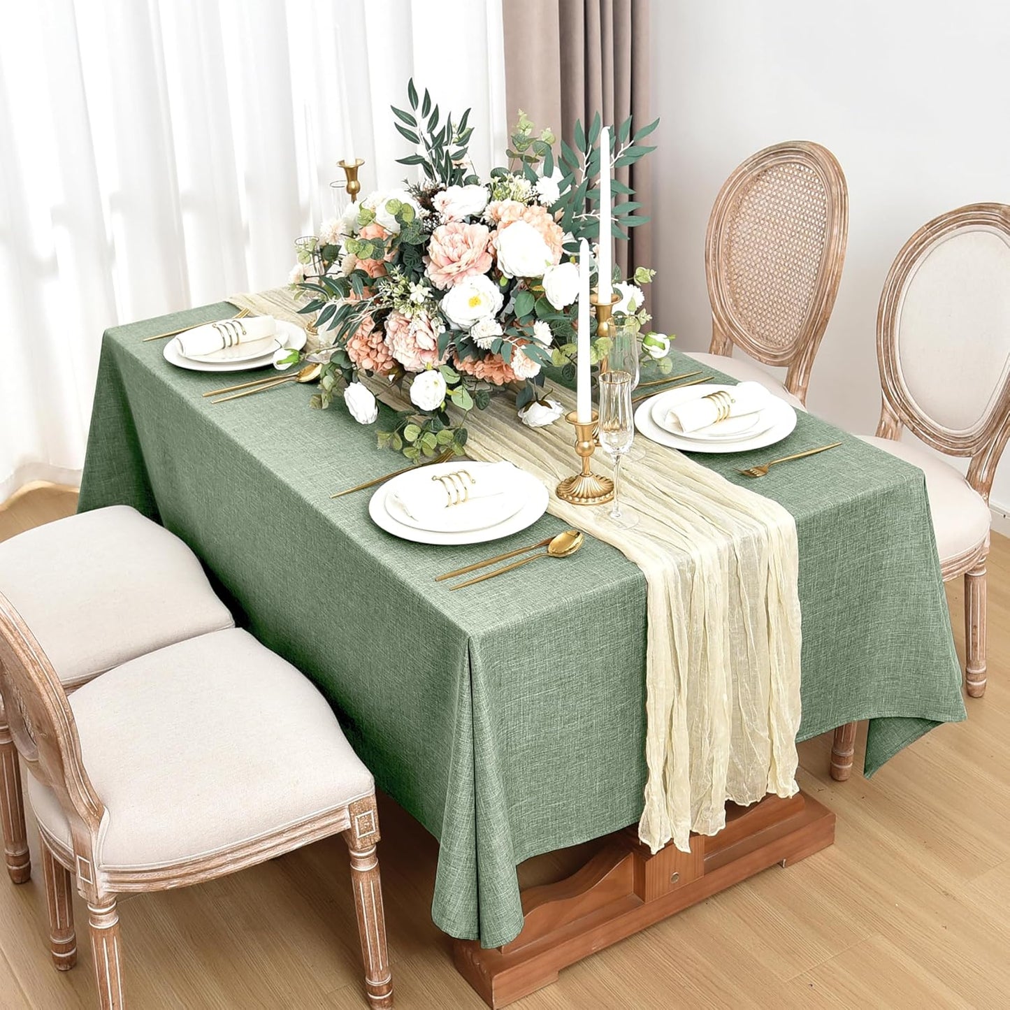 Fitable Faux Linen Tablecloths for Rectangle Tables: Water & Stain Resistant Farmhouse Table Cloth, Washable Burlap Textured Table Covers for Kitchen Dining Party(2 Pack, 60x102 Inch, Sage Green)