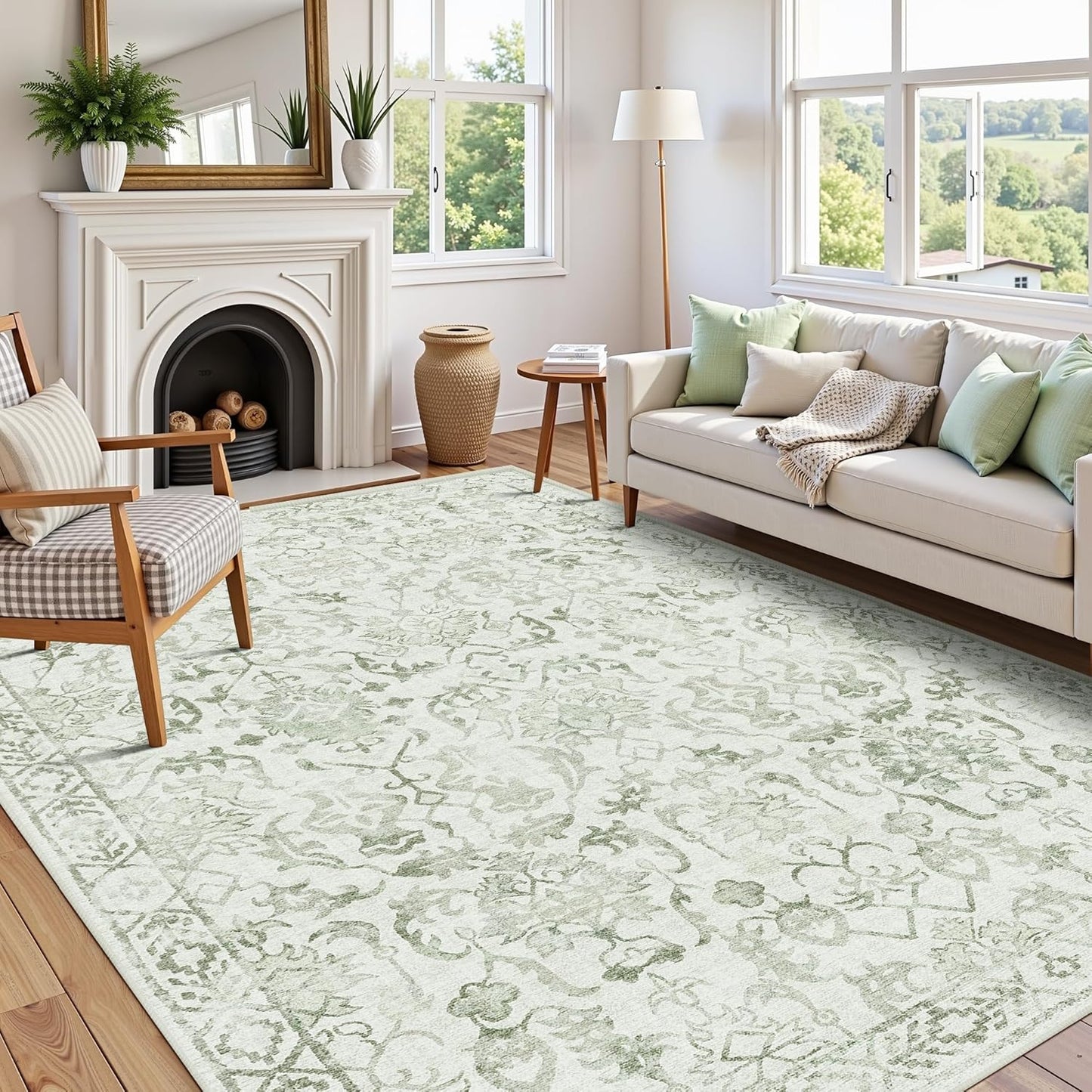 Sage Area Rugs 7x9 for Living Room, Washable Vintage Rugs for Bedroom, Distressed Throw Rug, Non Slip Rug Carpet for Bedroom Dining Nursery