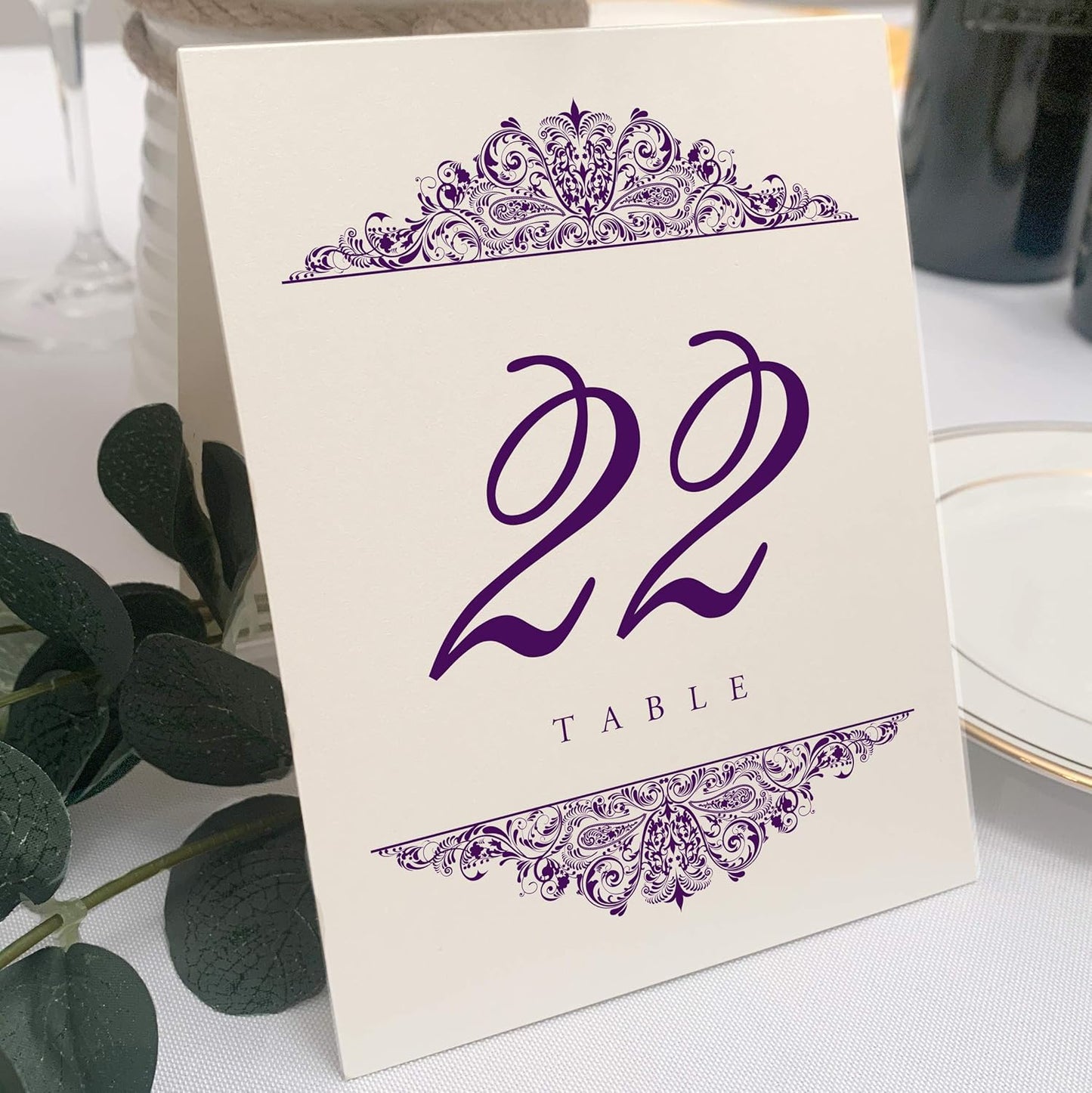 Paisley Wedding Table Numbers (Select Color/Quantity), Champagne, Eggplant, 1-15, Double Sided, Tent or Use in a Stand, Great for Parties & Restaurants - Made in the USA