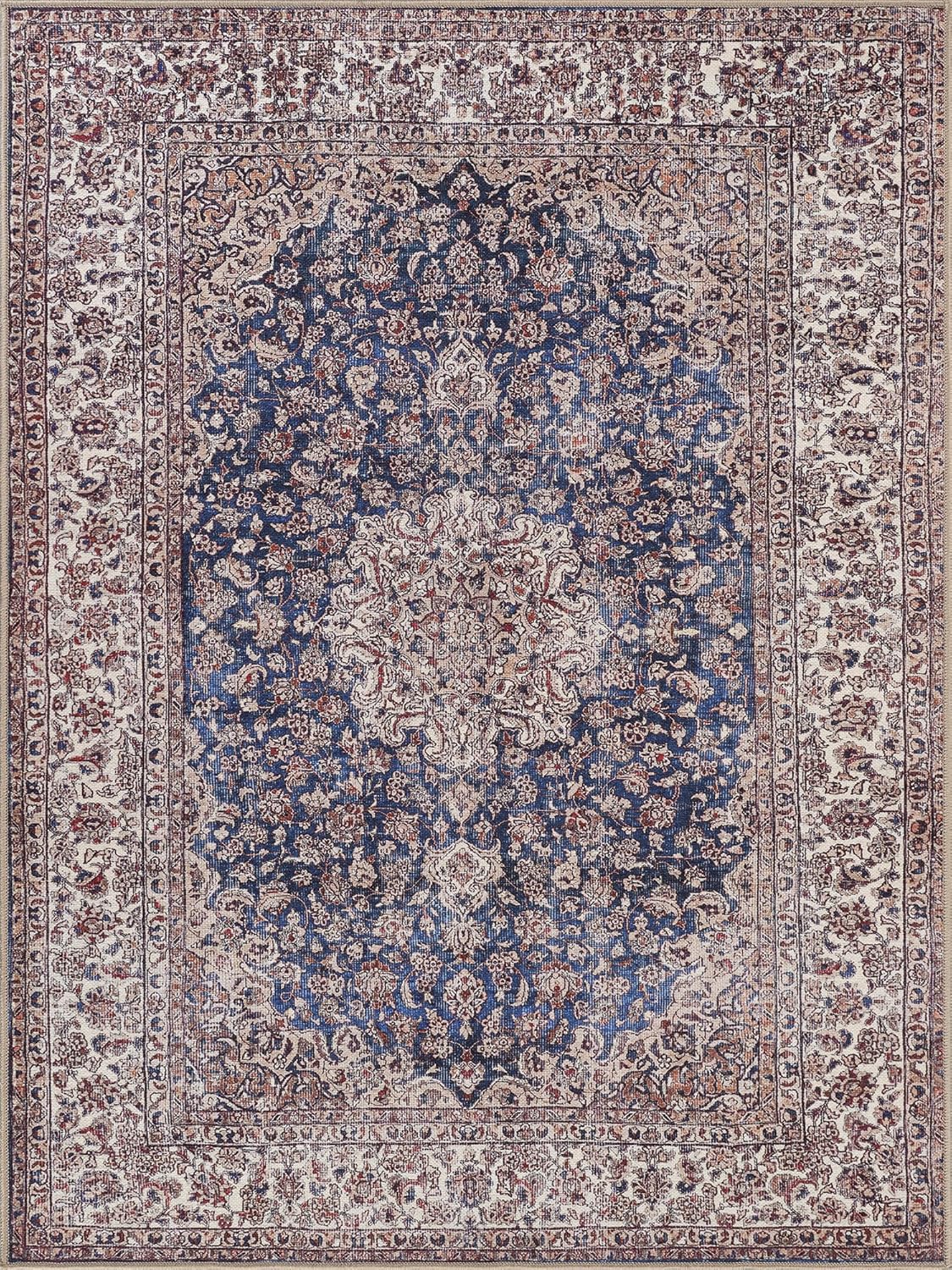 Bloom Rugs Washable Non-Slip 4' x 6' Rug - Dark Blue/Beige Traditional Medallion Area Rug for Living Room, Bedroom, Dining Room, and Kitchen - Exact Size: 4' x 6'
