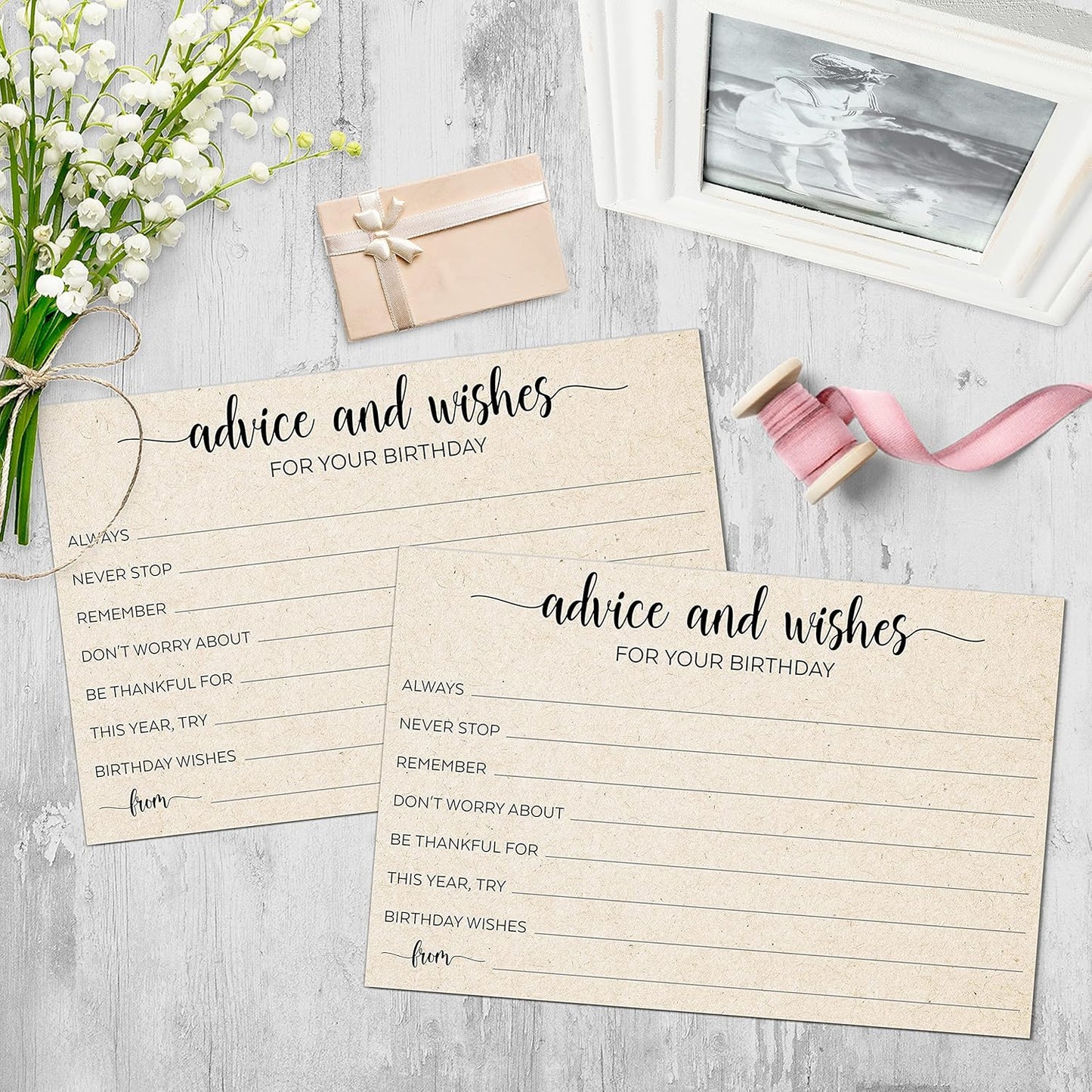 321Done Birthday Wishes and Advice Tan-Kraft (50) 4x6" Cards - Good Advice, Best Wishes, Memories Cards - Bday Party Idea Activity - Sweet 16, 30th, 40th, 50th - Fun Ad Lib Prompts - Made in USA